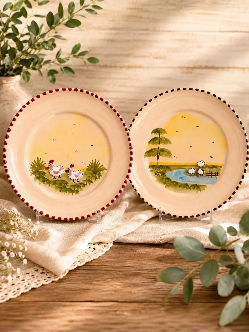 Vintage Handmade Hand Painted Art Pottery Plates Set 2 Raised Sheep Chicken Farm
